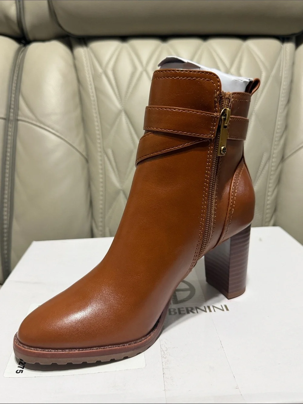Giani Bernini Chestnut Brown Leather Block Heel Ankle Booties with Buckle